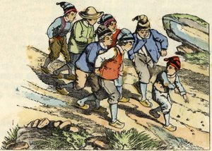 De broers volgen de Kleine Duim die witte kiezelstenen op de weg strooide (illustratie van het sprookje 
