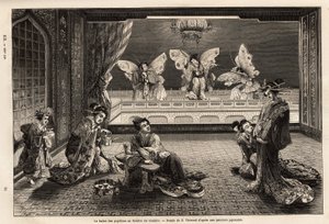 Het vlinderballet in het Gankiro Theater, in het Miyozaki Pleasure District in Yokohama. Gravure ter illustratie van de reis naar Japan, door Aime Humbert, minister van de Zwitserse Confederatie, in 1863-1864, gepubliceerd in 