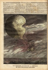 De gevangen ballon (gevangen ballon) van de Franse heren Godard en Panis, slachtoffer van een ongeluk veroorzaakt door de storm op 7 juli, op het terrein van de Wereldtentoonstelling in Chicago, tijdens de vlucht werd de ballon geraakt en geraakt, waarbij  door Unknown artist