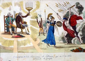 De eeuw van de Verlichting: filosofen Jean Jacques Rousseau en Voltaire, uit het verleden, verlichten het volk - allegorie door Unknown artist