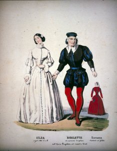 De personages van Gilda, Rigoletto en Giovanna in Act III van de opera 