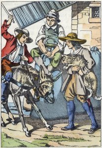 De kinderen van de overleden molenaar verdelen zijn eigendommen: ezel, molen en kat. Illustratie van het sprookje 