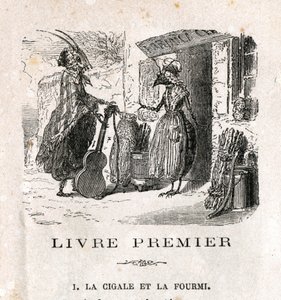 De krekel en de mier. Fabel door La Fontaine. Gravure uit de 19e eeuw door Unknown artist