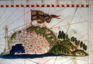 De stad Genua op een 14e-eeuwse portulan. door Unknown artist