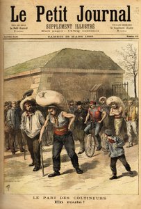 De weddenschap van de kolenhandelaren, zakken van 100 kilogram dragend, de weddenschap bestaat uit het te voet verbinden van Parijs en Corbeil (32 kilometer), winnaar Jean Labas maakte de race in 14 uur (12 uur voor op de tweede). Gravure in 