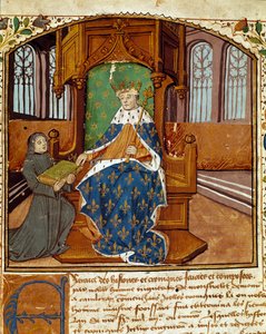 De kroniekschrijver Enguerrand de Monstrelet (1400-1453) schenkt zijn boek aan koning Karel VII (1403-1467). Miniatuur uit 