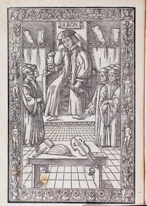 De componist en muziektheoreticus Pietro Aaron als voorzitter onder zijn studenten. Illustratie uit Toscanello in musica door Unknown artist