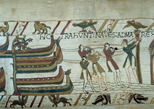 De verovering van Engeland door het leger van hertog van Normandië Willem de Veroveraar (detail van het tapijt van Bayeux)