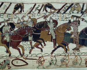 De verovering van Engeland door het leger van de hertog van Normandië Willem de Veroveraar (1027-1087): Hertog Willem wordt herkend door zijn soldaten door zijn helm op te tillen tijdens de slag bij Hastings (detail)