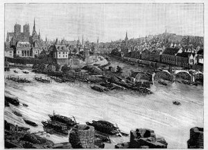 De bouw van de Pont Neuf in Parijs die door het Square du Vert-Galant aan het einde van het Ile de la Cité loopt. De eerste werken in 1578. Gravure in "Le Monde illustré" door Unknown artist