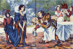 De kok antwoordt de prinses dat hij het huwelijksfeest van Riquet voorbereidt. Anonieme illustratie voor 