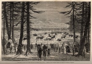 Het koraal voor rendierjacht in de Co-Yukon (co-Yukon of co-Youkouk) (Indiaanse stam van het uiterste noorden van Canada). Gravure ter illustratie van de reis en avonturen in Engels Colombia, Vancouver Island en Alaska, door Frederick Whymper