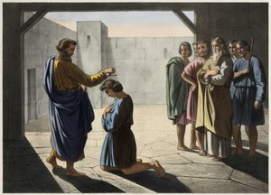 De kroning van David: Samuel wijst David aan als koning van Israël. Anonieme gravure uit de 19e eeuw. door Unknown artist