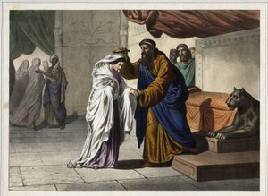 De kroning van Esther: Perzische koning Assuerus I (Xerxes I) kroont zijn vrouw Esther. Anonieme gravure uit de 19e eeuw. door Unknown artist