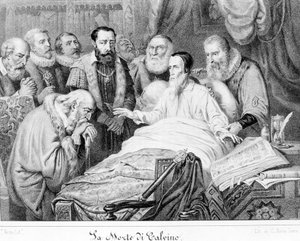 De dood van Jean Calvin (1509 - 1564). door Unknown artist