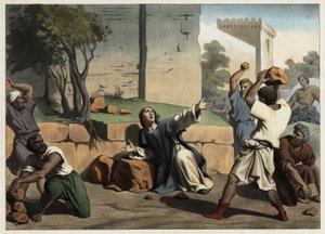 De dood van Sint-Stefanus: Sint-Stefanus gestenigd door de Joden wordt beschouwd als de eerste christelijke martelaar. Anonieme gravure uit het midden van de 19e eeuw.