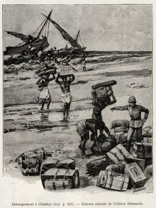 De ontscheping bij Chimbye (Tanzania) van de Peters-expeditie. Gravure ter illustratie van het verhaal 