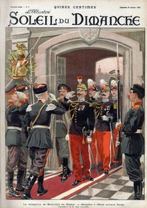 De delegatie van Saint Cyr in Rusland: ontvangst op de Russische militaire school. Gravure in 