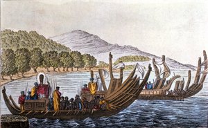Het vertrek van Polynesiërs naar de Stille Oceaan aan boord van dubbelrompkano