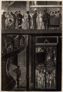De afdaling van mijnwerkers (mannen, vrouwen en kinderen) door de liftkooi naar de ondergrondse galerijen van de Creusot kolenmijnen. Gravure ter illustratie van een reis naar de Creusot en de mijnen van Saone en Loire, in 1865, door L. Simonin, in 