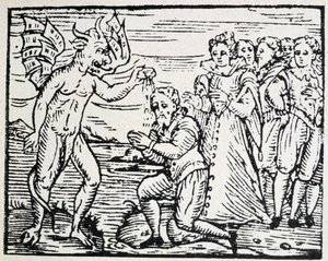 De duivel die mannen en vrouwen in gebed doopt - gravure