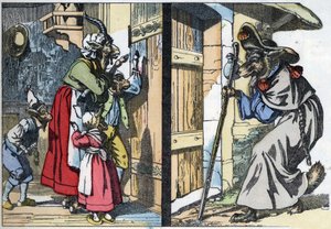 De vermomde wolf klopt op de deur van het huis met de geit en de biquets. Illustratie van het sprookje 