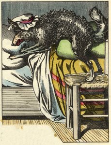 De vermomde wolf neemt de plaats van oma in bed. Illustratie van het sprookje 