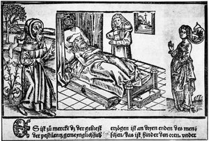De dokter in bed van de pestlijder, houtsnede uit de "Liber pestilentialis" door Jérôme Brunschwig, Straatsburg door Unknown artist