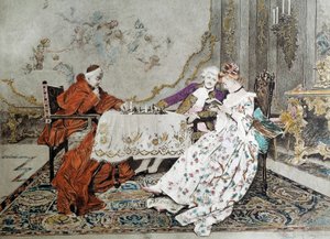 Het dubbele spel. Een kardinaal speelt een schaakspel tegen een jonge man die een verleidingsspel speelt met een jonge vrouw naast hem. Illustratie uit de 19e eeuw. Parijs, Decoratieve Kunsten door Unknown artist