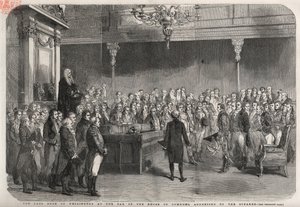 De hertog van Wellington (Arthur Wellesley (1769-1852)) staat aan de bar van het Lagerhuis om de felicitaties van de voorzitter te ontvangen voor zijn overwinning bij Vimeiro, Peninsulaire Oorlog