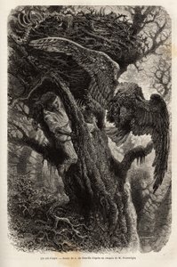 De adelaar die zijn nest beschermt tegen de indringer. Gravure ter illustratie van het verhaal Quatre mois en Florida, door M. Pousselgue, in 1851-1852, gepubliceerd in 