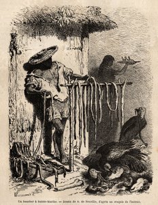 Het kraam van een slager in de buitenwijken van Sainte Martha (Santa Marta, Colombia), de ossen bloeden en de huid wordt zorgvuldig uitgerekt, het vlees wordt in stroken gesneden en gezouten en gedroogd, de rest, onbruikbaar, wordt op de grond gegooid en t