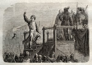 De executie van Conradin, koning van Sicilië en hertog van Zwaben (1252-1268) door bevel van Karel van Anjou na de slag bij Tagliacozzo in 1268