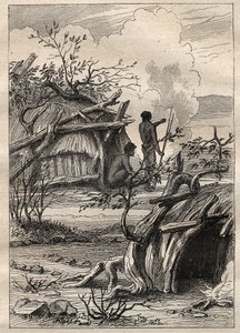 De expeditie rond de wereld (1790-1792) door kapitein Etienne Marchand (1755-1793): inheemse hutten van het land Enddacht (Australië) - illustratie uit De Grote Zeevaarders van de 18e eeuw
