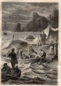 De expeditie naar de zuidelijke landen (1800-1803) door Nicolas Baudin (1754-1803): de zieken van scheurbuik werden aan land gebracht in de Bay of Adventure (Tasmanië, Australië) - illustratie uit 
