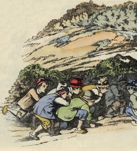De broers van Klein Duimpje verstoppen zich in een holle rots om aan de reus te ontsnappen. Illustratie van het verhaal 