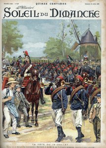 Het feest van 14 juli: Commandant Marchand leidt de Senegalese ruiters. Gravure in 