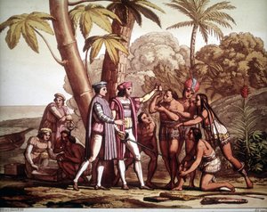 De eerste Indianen die verschenen aan Christoffel Columbus bij zijn aankomst in Amerika, - in 