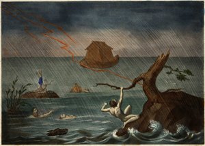 De zondvloed met de ark van Noach in de verte. Anonieme gravure uit het midden van de 19e eeuw door Unknown artist