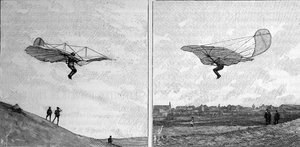 Het vliegende vliegtuig van Otto Lilienthal (1848-1896), Duitse luchtvaartpionier, in twee verschillende posities (van een momentopname). Gravure in 