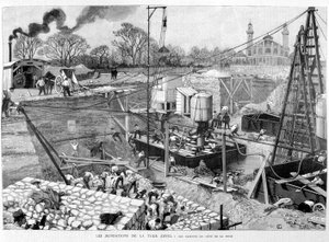 De fundamenten van de Eiffeltoren: de caissons aan de Seine-kant - in Illustration 14/05/1887. door Unknown artist