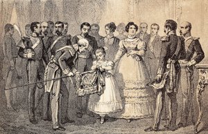 De toekomstige koningin van Spanje Isabella II (Isabella van Bourbon) (1830-1904) (Isabel II van Spanje) decoreert de vlag van de Speren van de Garde van de Orde van Sint Ferdinand (San Fernando). Lithografie.