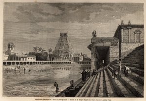 De ghat of heilige vijver van de Chillambaran-pagode, gelegen aan de Golf van Bengalen, nabij Pondichery (Pondicherry) (India); enkele gelovigen dalen de monumentale trap af om een bad te nemen of reinigende ablutions uit te voeren. Gravure ter illustratie