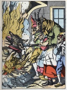 De geit doodt de wolf in de schoorsteen. Illustratie van het sprookje 