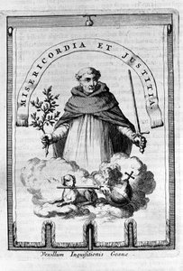 De gonfalon (gonfanon) van de Inquisitie in Goa, Portugese kolonie in India - Een Dominicaanse vertegenwoordiger draagt het embleem van de Inquisitie: een zwaard en een olijftak, symbool van straf, maar ook van vrede en gerechtigheid