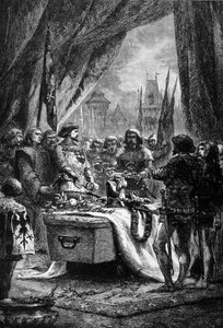 De gouverneur plaatste de sleutels van Chateauneuf de Randon op de kist van Bertrand Du Guesclin (1320 - 1380), een Bretonse krijger en Franse patriot tegen de Engelsen. Gravure uit de 19e eeuw. door Unknown artist