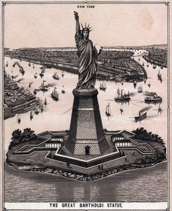 Het grote Bartholdi-standbeeld in New York, VS in 