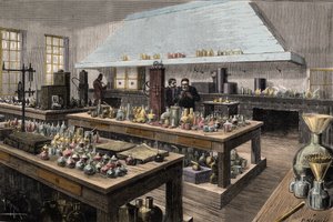 Het grote laboratorium van Louis Pasteur (1822-1895), Franse chemicus en bioloog, aan de École normale supérieure - Louis Pasteur in zijn laboratorium aan de École normale supérieure - Gravure door Meyer 1884