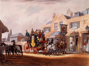 Het paardenrelais van een diligence tijdens een stop in een herberg door Unknown artist
