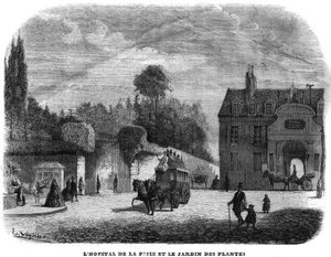 Het ziekenhuis van Pitie Salpetriere en de plantentuin in Parijs in 1858. door Unknown artist